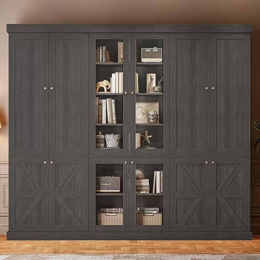 70.8" Tall Farmhouse Bookshelf, Modular Bookcase with Glass Doors, 6-Tier Adjustable Shelves, Large Storage Cabinet for Kitchen, Living Room, Black, Set of 3