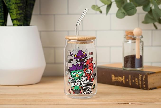 Silver Buffalo Sanrio Hello Kitty &Friends Halloween Spooky Badtz-Maru Frankenstein,Chococat Witch,My Melody Ghost,Keroppi Vampire,Mummy Glass Jar Tumbler w Bamboo Lid&Glass Straw,16oz(Pack of 12)