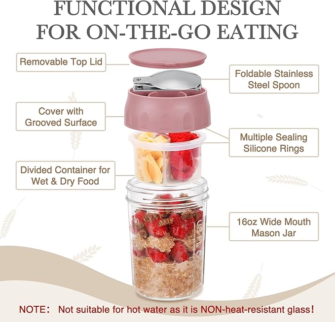 SOLIGT 2 Pack Overnight Oats Containers with Lids, Folding Spoons and Divided Compartments for Fruit & Nuts, Small Glass 16oz Mason Jars for Oatmeal Yogurt Parfait (2 Set-Oat White/Rose Pink)
