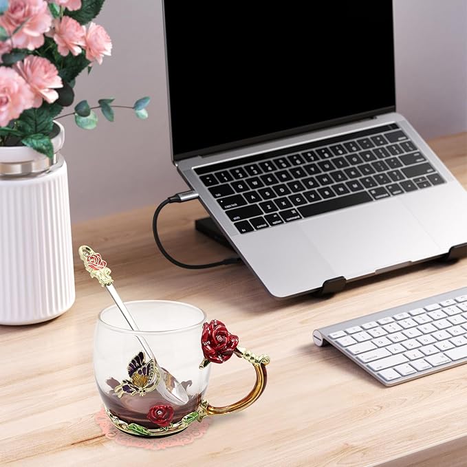 Enamels Butterfly Flower Tea Cup, Glass Coffee Mugs with Spoon, Gifts for Birthday Valentines Mothers Day Graduation Christmas, Presents for Women Wife Mom Her Grandma Girls Teacher Friends