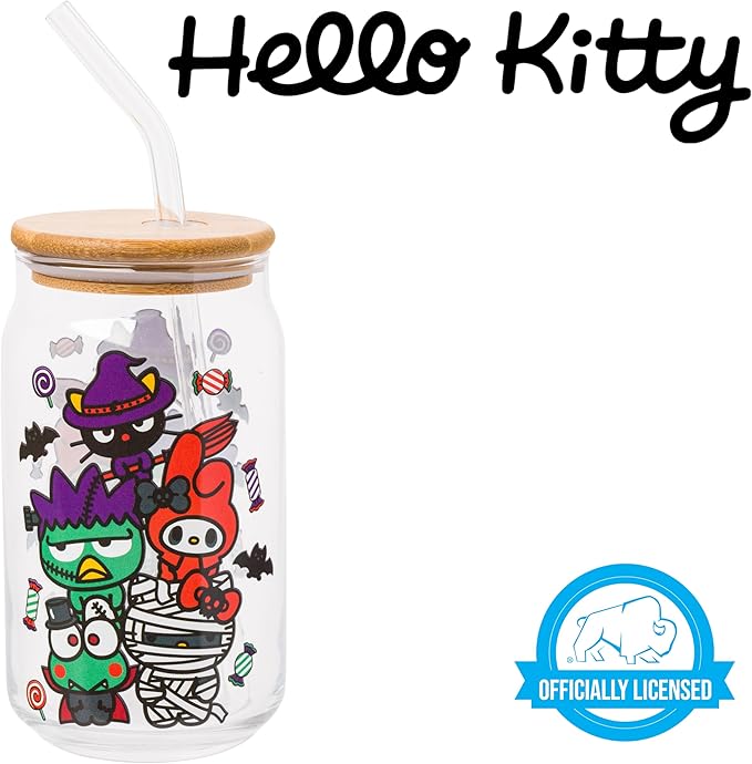 Silver Buffalo Sanrio Hello Kitty & Friends Halloween Spooky Badtz-Maru Frankenstein, Chococat Witch, My Melody Ghost, Keroppi Vampire, Mummy Glass Jar Tumbler w Bamboo Lid and Glass Straw, 16oz