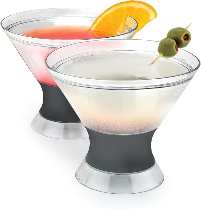 Host Freeze Insulated Martini Cooling Cups, Plastic Freezer Gel Chiller Double Wall Stemless Cocktail Glass Set of 2, 9 oz, Grey