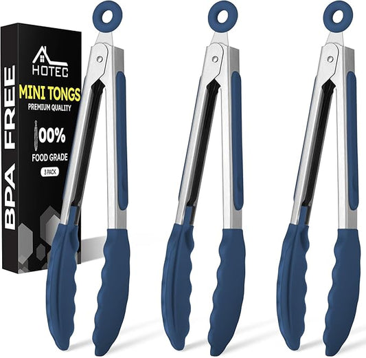Hotec Mini Silicone Kitchen Tongs for Cooking - 7-Inch Small Serving Tongs with Silicone Tips, Set of 3 (Classic Blue)