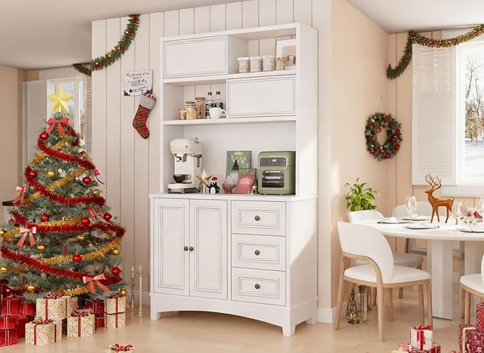 71" Farmhouse White Pantry Cabinet with Charging Station, 4-Type Storage & Anti-Tip Design, Kitchen Cabinet with Adjustable Shelves