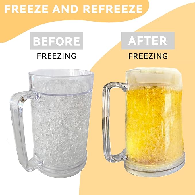 Lily's Home 16oz set of 4 Insulated Double Wall Gel-Filled Acrylic Frosted Freezer Stein Mugs, Great as Old Fashion Drinking Glasses at BBQs and Parties, Clear