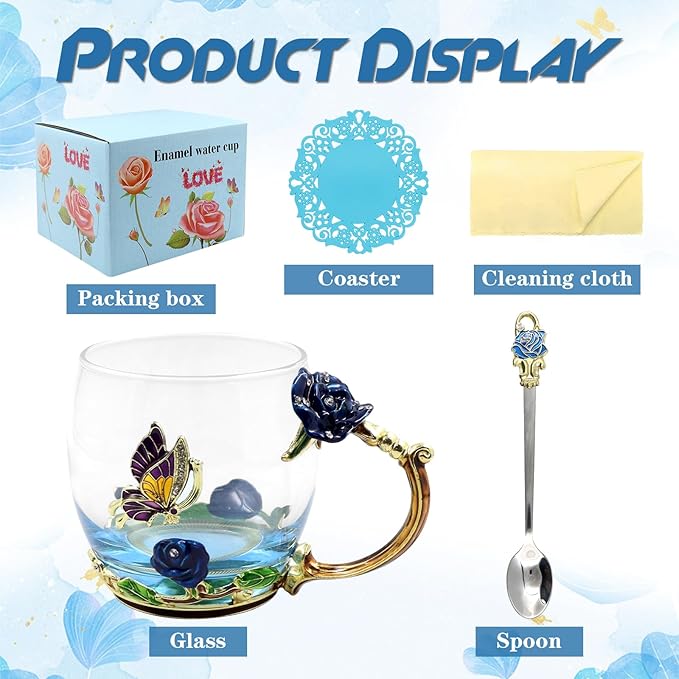 Enamels Butterfly Flower Tea Cup,Glass Coffee Mug,Valentines Mothers Day Graduation Birthday Present Christmas Gifts for Women Mom Her Teacher