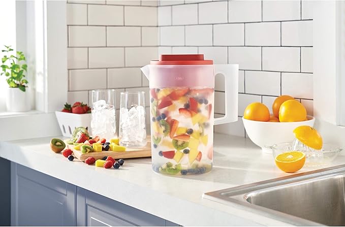 Rubbermaid 2-Piece Pitcher Set with 3 Position Pour Spout Lid for Water, Tea, and Drinks, Dishwasher Safe, 1-Gallon, Clear/Red