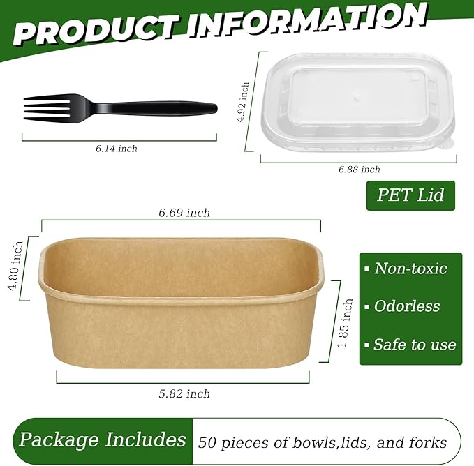 50-Pack 19oz Disposable Kraft Paper Bowls with Lids and Forks, Disposable Meal Prep Containers Bowls Disposable Food Prep Container with Lids, Freezer and Microwave Safe for Hot Soup Cold Food Takeout