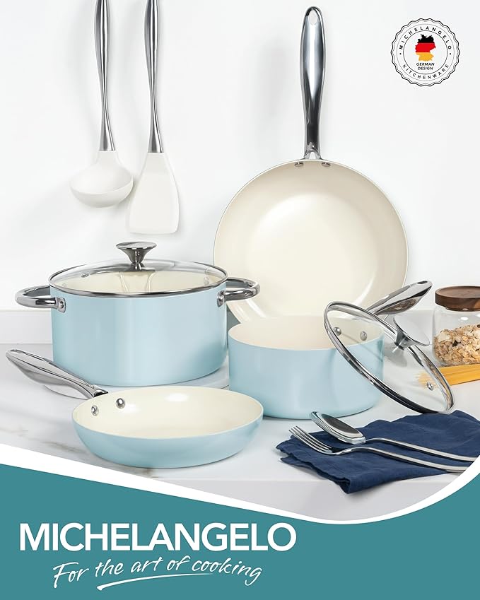 MICHELANGELO Pots and Pans Set Non Stick Ceramic Cookware Set, 8-Piece Nonstick Pots and Pans, Non-Toxic, Oven Safe & Compatible with All Stovetops - Blue