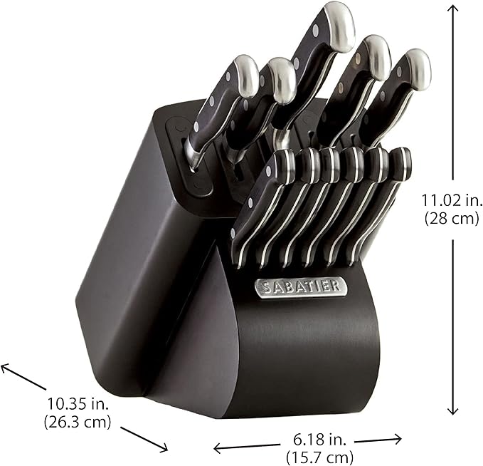 Sabatier Self-Sharpening 12-piece Forged Triple Rivet Knife Block Set with Edgekeeper Technology, High-Carbon Stainless Steel Kitchen Knives, Razor-Sharp Knife Set with Wood Block, Black