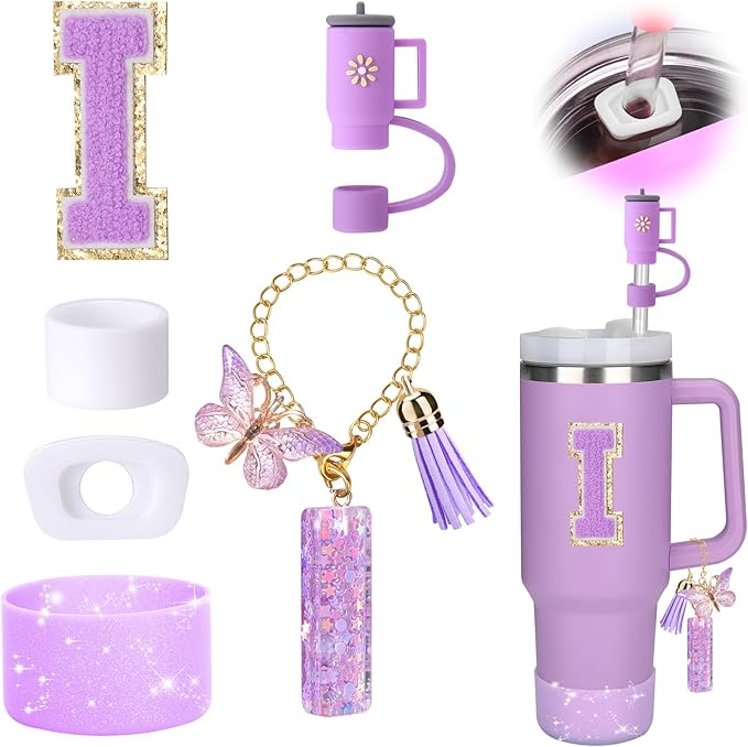 Mity rain 6PCS Cup Accessories Set for Stanley Cup 30oz 40oz tumbler with handle, Including Silicone Straw Topper Cover Cap and Boot, Spill Proof Stopper, Handle Charm, Initials Sticker (Letter I)