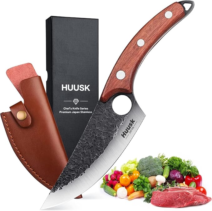 Huusk Viking Knife, Japanese Meat Cleaver Knives Forged Boning Knife with Sheath, High Carbon Steel Japan Butcher Fillet Chef Knives for Kitchen, Camping, Christmas Gifts for Men Women