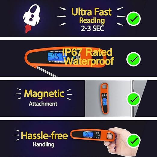 Instant Read Meat Thermometer for Kitchen Cooking, Ultra Fast Precise Waterproof Digital with Backlight, Magnet and Foldable Probe for Food,Deep Fry, Outdoor BBQ, Grill(Orange)