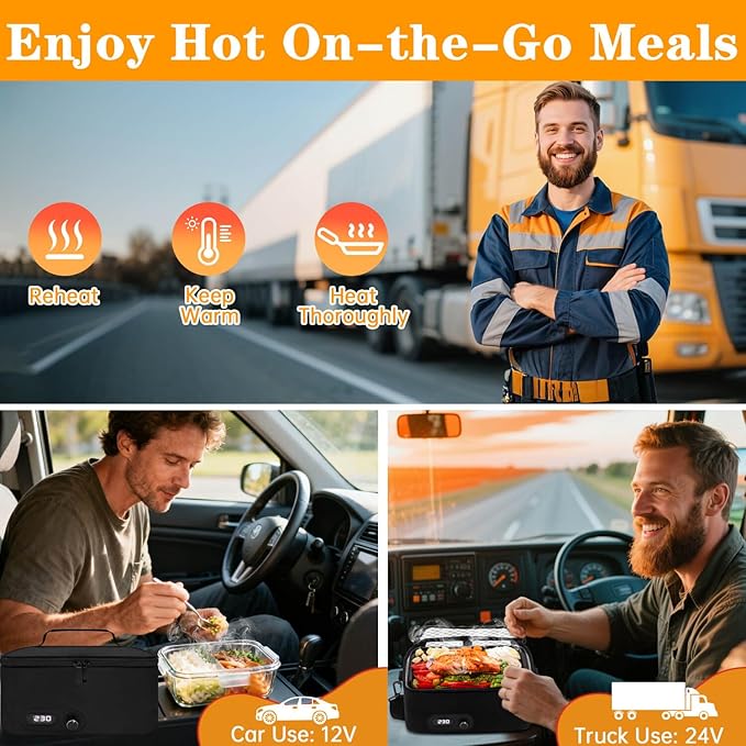 Aotto Portable Oven Electric Lunch Box Food Heater - 12V/24V 2-in-1 Car Food Warmer, Temperature Control with LED Display, Cook, Reheat & Keep Meals Warm for Car, Truck, Travel - Black