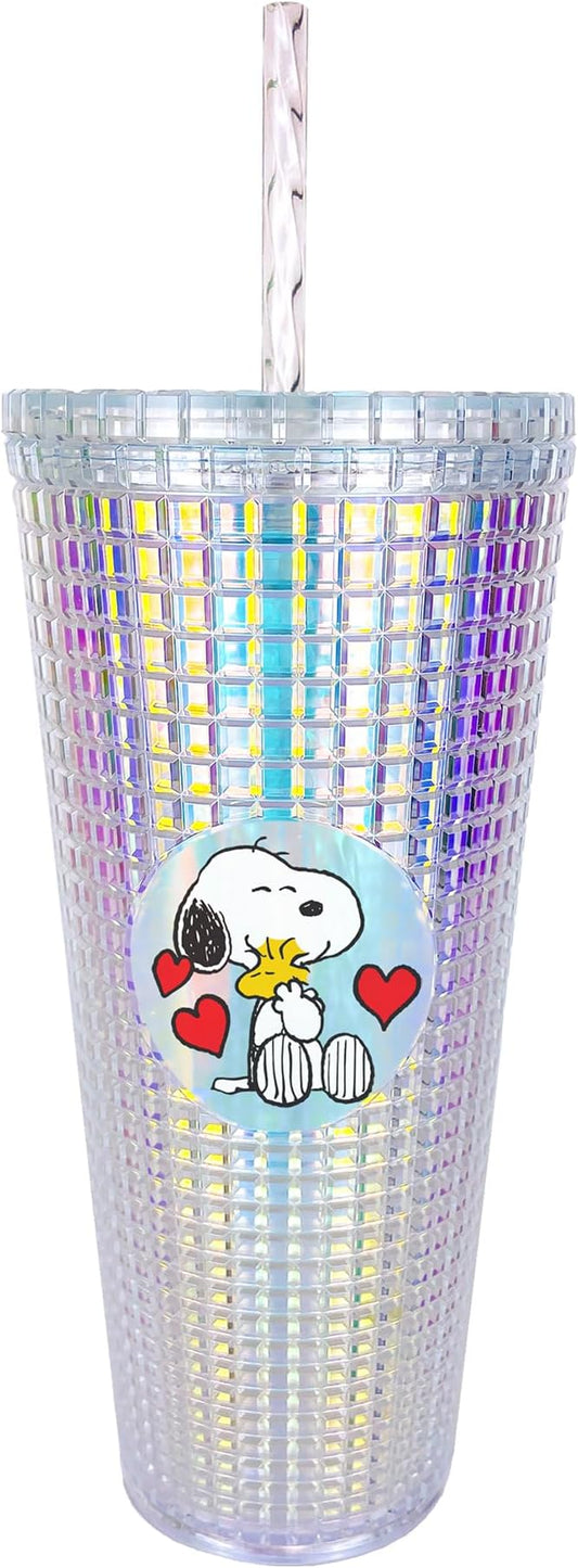 Spoontiques Peanuts Diamond Tumbler, 20oz - Textured Cup w/Staw, Double Wall Insulated, BPA Free - Snoopy
