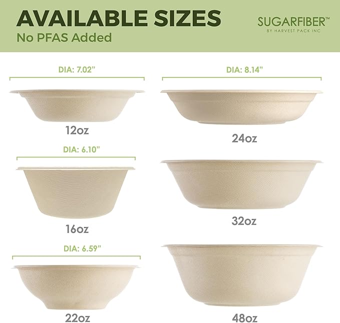 [50 COUNT]Sugarfiber by Harvest Pack PFAS FREE 24oz Round Paper Bowls - Compostable Heavy-Duty Eco-Friendly Disposable Bagasse Bowl sugarcane made plant fibers for Meal Prep