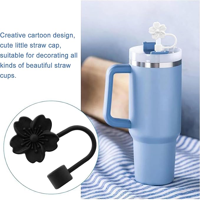 Flower Silicone Straw Cover Cap for Stanley Cup, 10 mm 0.4 in Reusable Topper Tips Lids, Gift for Party Decor (2pcs Black 2pcs White Cherry Blossom)