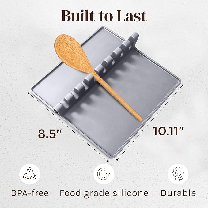 Gray Silicone Spoon Rest for Stove Top with Drip Pad (1 Pack) - Extra Large Heat-Resistant, BPA-Free Utensil Rest for Kitchen Counter - Utensil Holder for Spatulas, Tongs, Ladles and Kitchen Gadgets