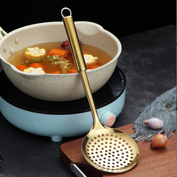 Berglander Skimmer, Stainless Steel Gold Strainer, Golden Cooking With Titanium Plating, Slotted Spoons, Kitchen For Cooking, Strainer Metal Skimmer Spoon (Gold)