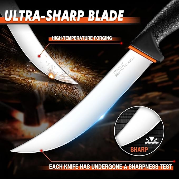 TIVOLI 6 PCS Professional Butcher Knife Set, Game Processing Knife Set, Non-Slip Softgrip, German Stainless Steel, Skinning Boning Trimming Poultry Knife Set For Meat Cutting, Incl 7" Sharpener Rod