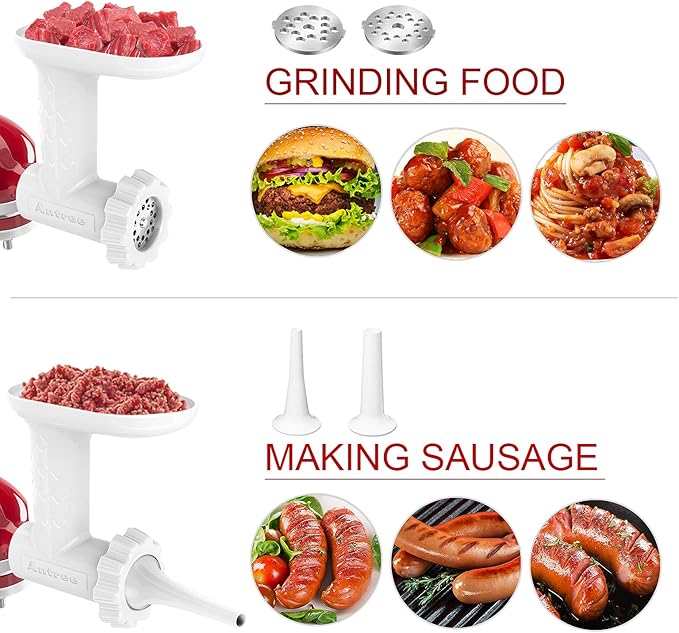 Food Meat Grinder Attachments for KitchenAid Stand Mixers, Excellent Food Grade Meat Grinder Accessories Meat Mixer Attachment Including 2 Sausage Stuffer Tubes Rust-proof and Durable