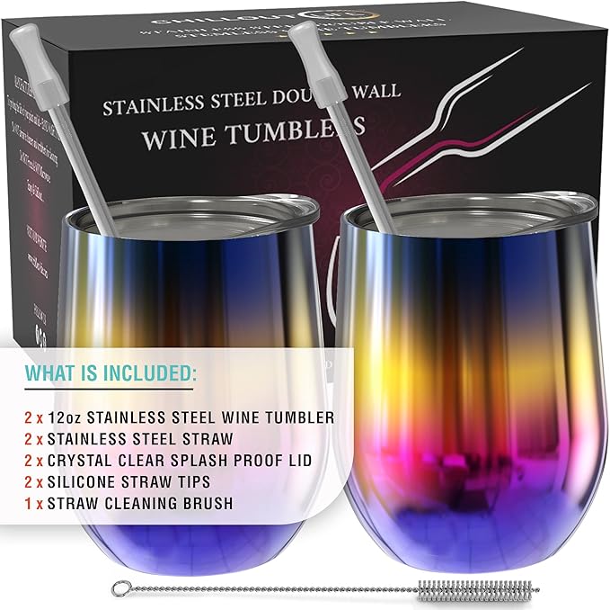 CHILLOUT LIFE 12 oz Stainless Steel Wine Tumblers 2 Pack - Double Wall Vacuum Insulated Wine Glasses Cups with Lids and Straws Set Keeping Cold & Hot for Coffee, Beer, Ice Cream - Colorful Rainbow