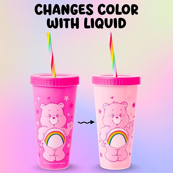 Silver Buffalo Care Bears Hearts and Stars 4 Pack Plastic Color Changing Tumblers with Rainbow Swirl Straws Featuring Tenderheart, Funshine, Cheer, and Grumpy Bear 24 Ounces