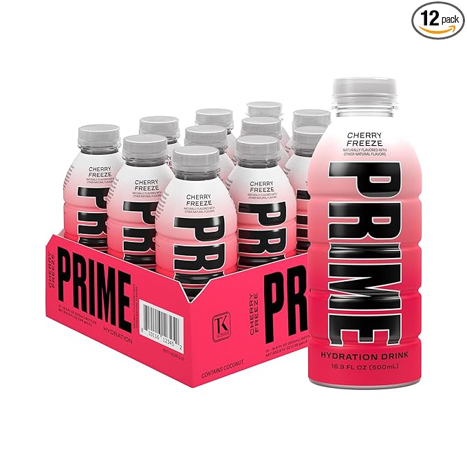 PRIME Hydration CHERRY FREEZE, Sports Drinks, Electrolyte Enhanced for Replenishing Fluids, 250mg BCAAs, B Vitamins, Antioxidants, Low Sugar, 16.9 Fl Oz, 12 Pack