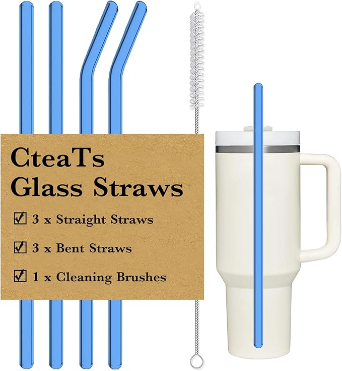 Replacement Straw Compatible with Stanley 40 oz Tumbler Straws, 4 Pcs Reusable Straws with Cleaning Brush, Long Glass Straw for Stanley Accessories, Blue