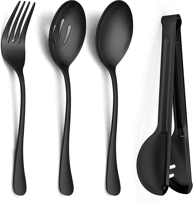 Large Black Serving Utensils Set of 8, E-far Stainless Steel 9.8 Inch Serving Spoon Slotted Spoon, 9.9 Inch Fork, 9.4 Inch Tong for Buffet Catering, Mirror Finish & Dishwasher Safe