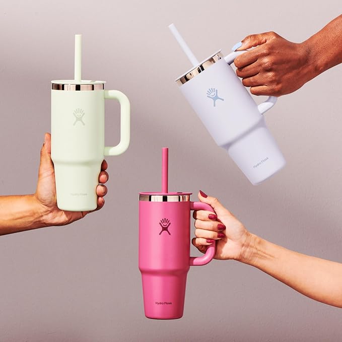 Hydro Flask Travel Tumbler with Handle, Lid and Straw - Insulated Stainless Steel in 24 Oz Tonal Agave