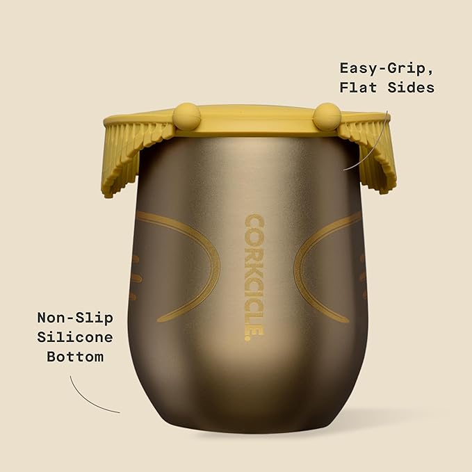 Corkcicle Stemless Insulated Wine Glass Tumbler - Keeps Beverages Cold 6 Hours & Hot 3 Hours - Stainless Steel - Easy-Grip - Summer Drinkware Gift - Keeps Drinks Ice Cold - 12 oz - Golden Snitch