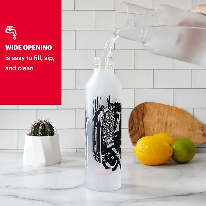 Pyrex 24-Oz Color Changing Glass Water Bottle with Silicone Coating, Leakproof and Textured Glass Reusable Water Bottle with Flip-Top Lid, Eco-Friendly, BPA-Free Silicone Coating, Doodles