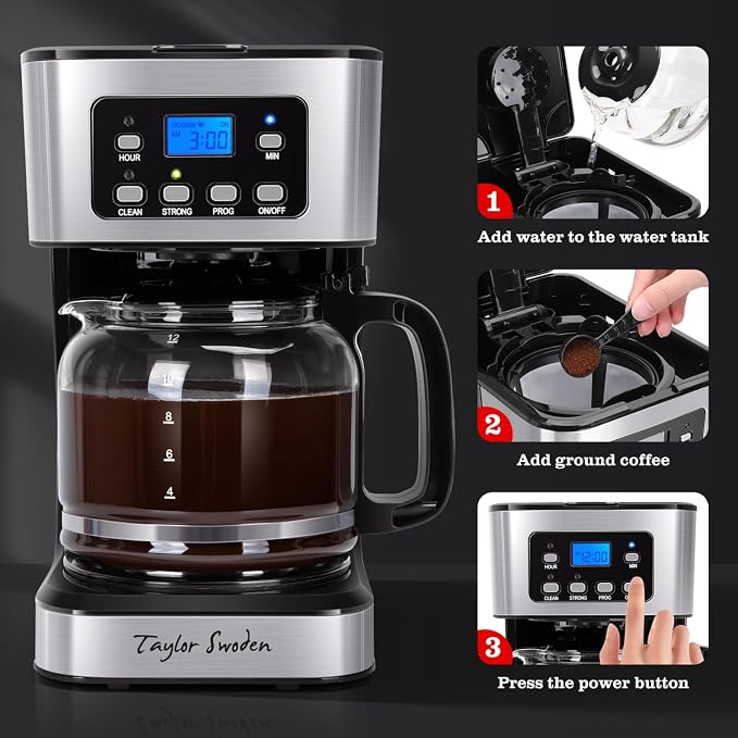 Taylor Swoden 12-Cup Programmable Coffee Maker, Regular & Strong Brew Drip - Image 9