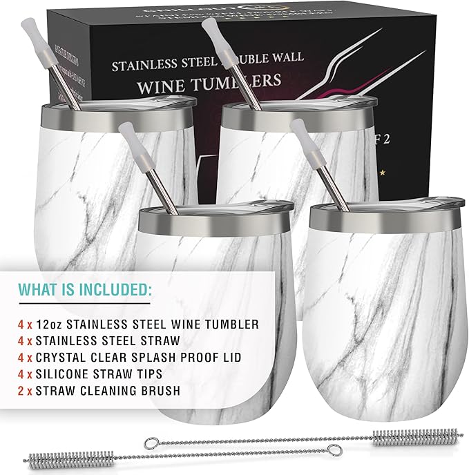 CHILLOUT LIFE 12 oz Stainless Steel Wine Tumblers 4 Pack - Double Wall Vacuum Insulated Wine Glasses Cups with Lids and Straws Set Keeping Cold & Hot for Coffee, Beer, Ice Cream - Carrara Marble