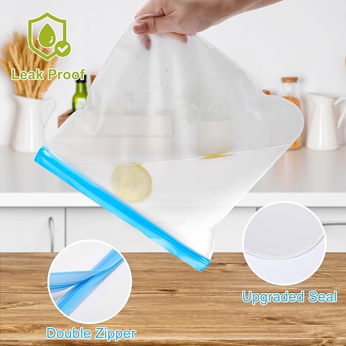 Lerine Dishwasher Safe Reusable Bags, Leakproof Reusable Freezer Bags, BPA Free Food Storage Bags for Lunch Marinate Food Travel (White, 28 Pack-10 Gallon 10 Sandwich 8 Snack)