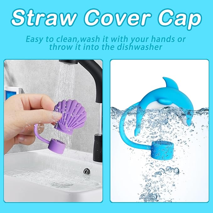 6PCS Cute Sea Animal Silicone Straw Cover Cap for Stanley 30&40 Oz Tumbler with Handle, 10mm Dust-Proof Reusable Straw Tips Lids