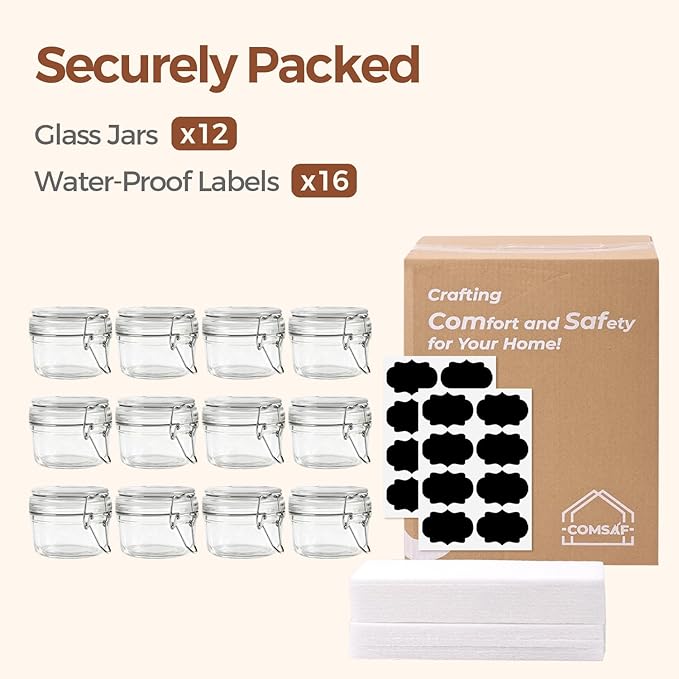 ComSaf 4oz Small Airtight Glass Jars Set of 12 with Lids Food Storage Jar Round, Mason Jar, Mini Storage Container with Clear Preserving Seal Wire Clip Fastening for Kitchen Canning, Jam, Spice, Honey