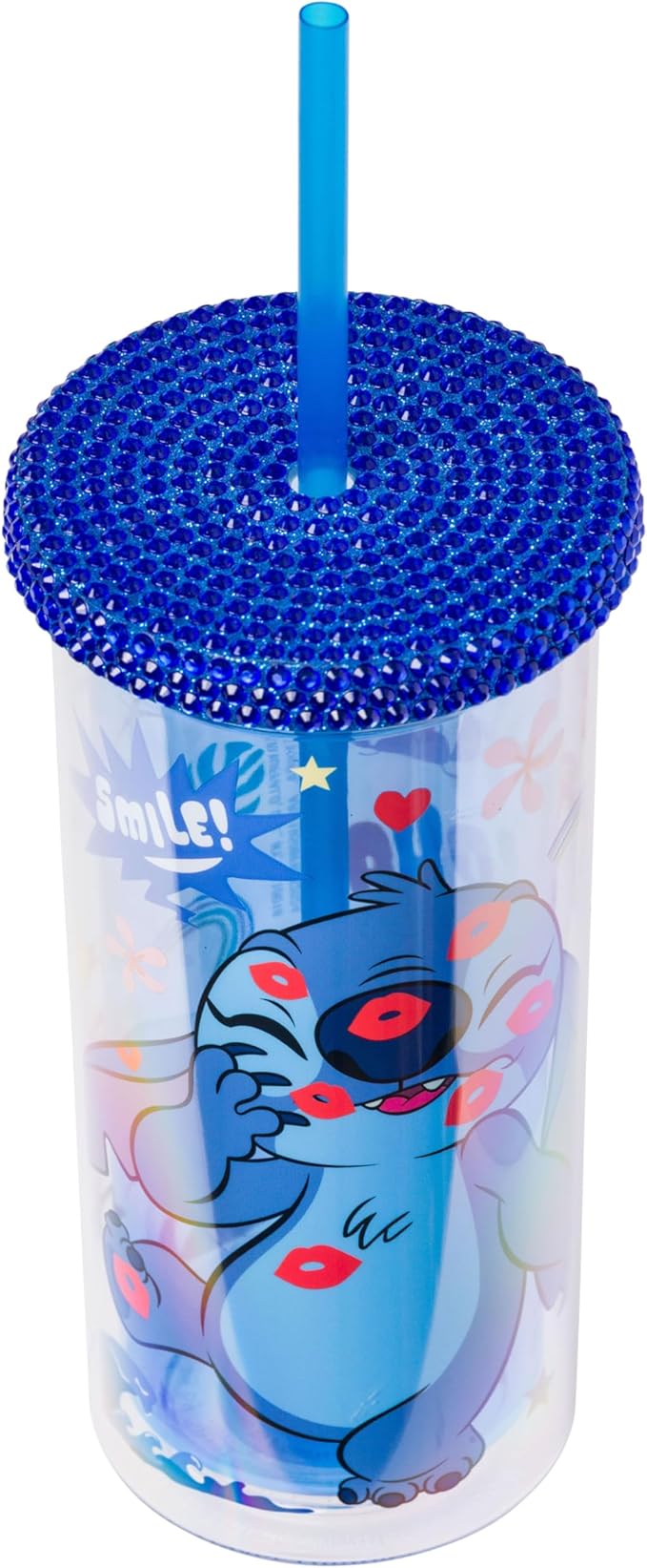 Silver Buffalo Lilo and Stitch Smiles Kisses and Icons Rhinestone Lid 20oz Plastic Tall Cold Cup w/Lid and Straw