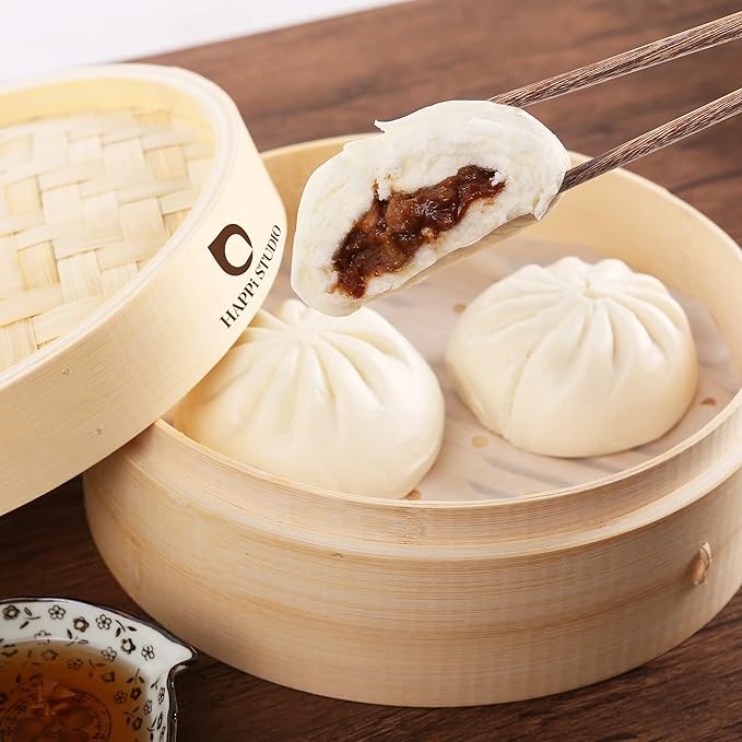 Bamboo Steamer - 2-Tier 10 Inch for Cooking Dim Sum, Momo, Rice - Chinese Basket for Bao Bun, Dumplings - Japanese Steaming