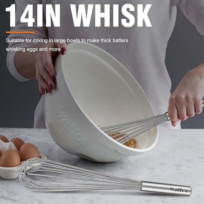 Walfos Whisk,14in Large Whisks, Heavy Duty Stainless Steel Wire Whisk for Blending, Whisking, Beating Suitable for stirring and mixing containers such as deep pots or big bowl at home or store.