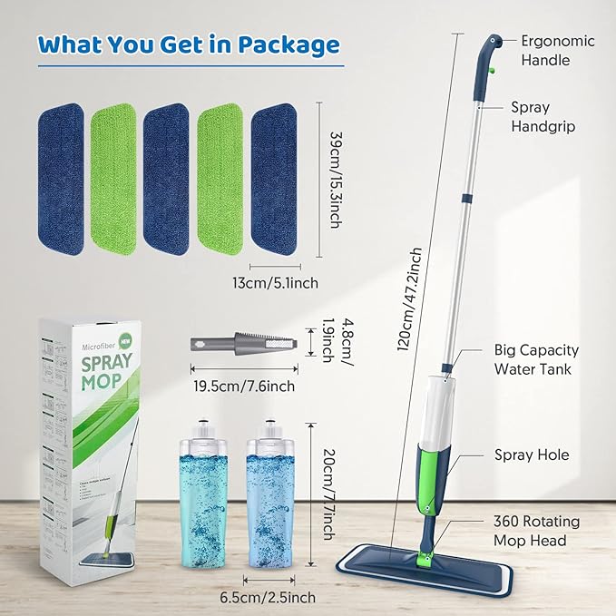 Spray Wet Mops for Hardwood Floor Cleaning: MEXERRIS Flat Mop with Sprayer 5 Washable Mopping Pads - Floor Mop Dust Dry Mops with 2 Bottles Home Commercial Use for Laminate Vinyl Tiles Wood