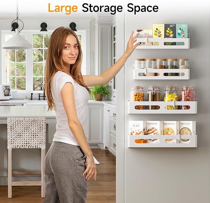 4 Pack Magnetic Spice Rack for Refrigerator, Spice Rack Organizer, Moveable Magnetic Shelf Fridge Organizer with 4 Hooks for Kitchen and Oven Organization, White