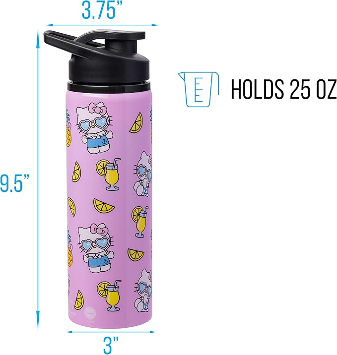 Silver Buffalo Sanrio Hello Kitty Summer Pineapples And Lemonade Stainless Steel Water Bottle, 25 Ounces