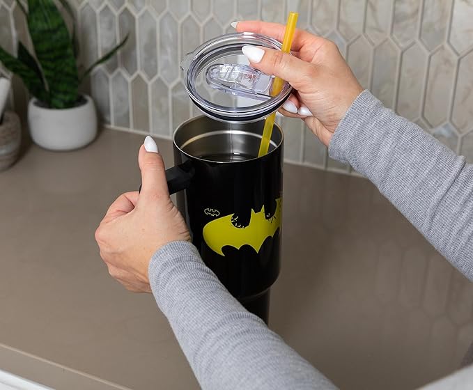 Silver Buffalo DC Comics Batman Logo Stainless Steel Tumbler with Handle and Straw, Fits in Standard Cup Holder, 40 Ounces