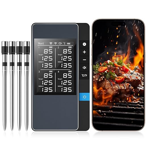 Smart Bluetooth Wireless Meat Thermometer, Real-Time Monitoring Control Digital Thermometer with Smart App, 4 Meat Probes IP67 Waterproof High Accuracy Perfect for BBQ, Oven, Grill & Smoker