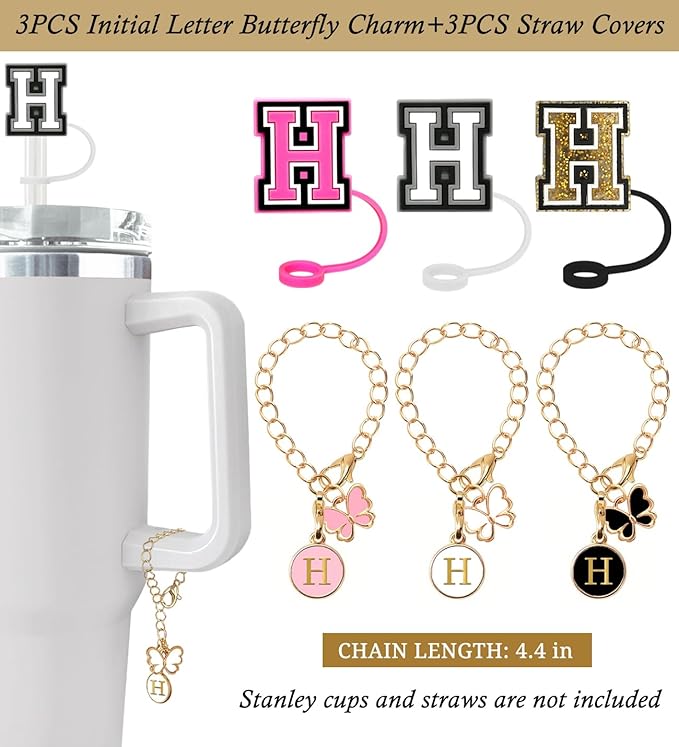 （3 +3) Nuozme Straw Cover Compatible with Stanley Tumbler Cup 3PCS Letter Straw Caps Toppers with 3 Initial Butterfly Charms Name ID For Stanley 30&40 Oz Cup