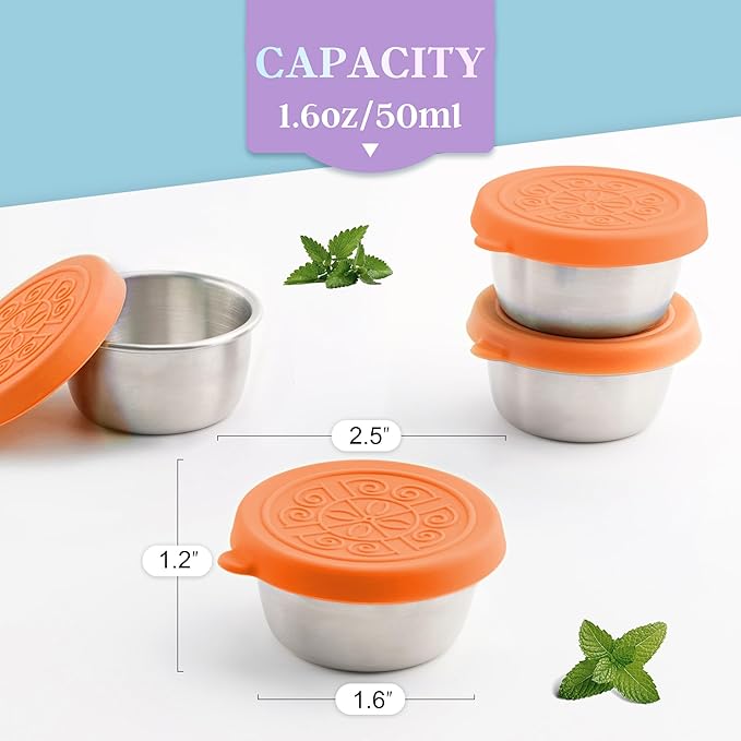 6x1.6 Oz Salad Dressing Containers With Lids, Small Leakproof Reusable Stainless Steel Salad Dressing Container To Go For Lunch Boxes,Sauce containers, Picnics,Travel Meal Prep And Kitchen Storage.