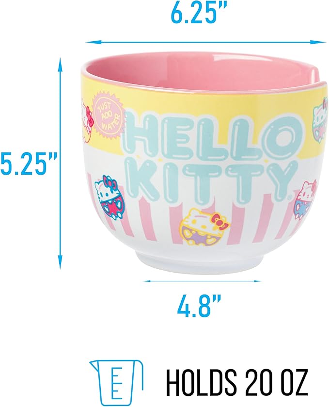 Silver Buffalo Sanrio Hello Kitty Pastel Colored Ceramic Ramen Noodle Rice Bowl with Chopsticks, Microwave Safe, 20 Ounces