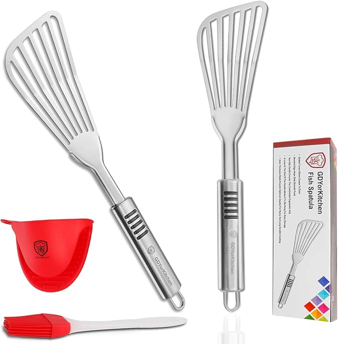 Premium Fish Spatula - Rust-Resistant Stainless Steel, Non-Slip Handle, Ideal for Grilling, Frying, Turning and Flipping Fish, Meat, Eggs, and More - Ergonomic Design for Perfect Results - Set of 2